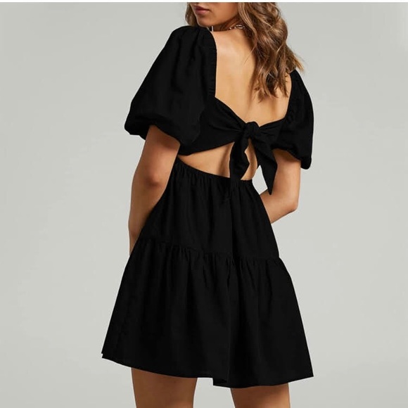 Square Neck Lantern Sleeve High Waisted Tie Back Casual A-Line Mini Dress - Picture 6 of 7